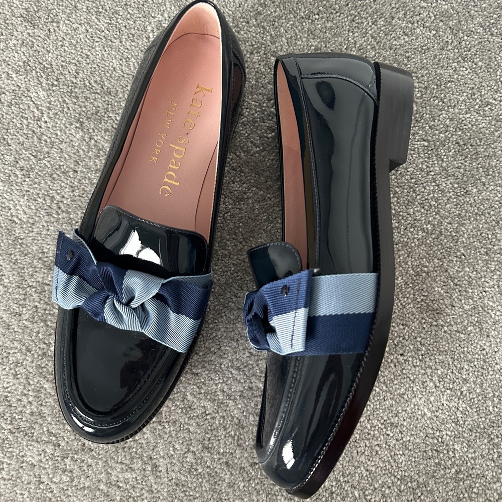 kate spade Glossy Black Loafers with Striped Blue Bow